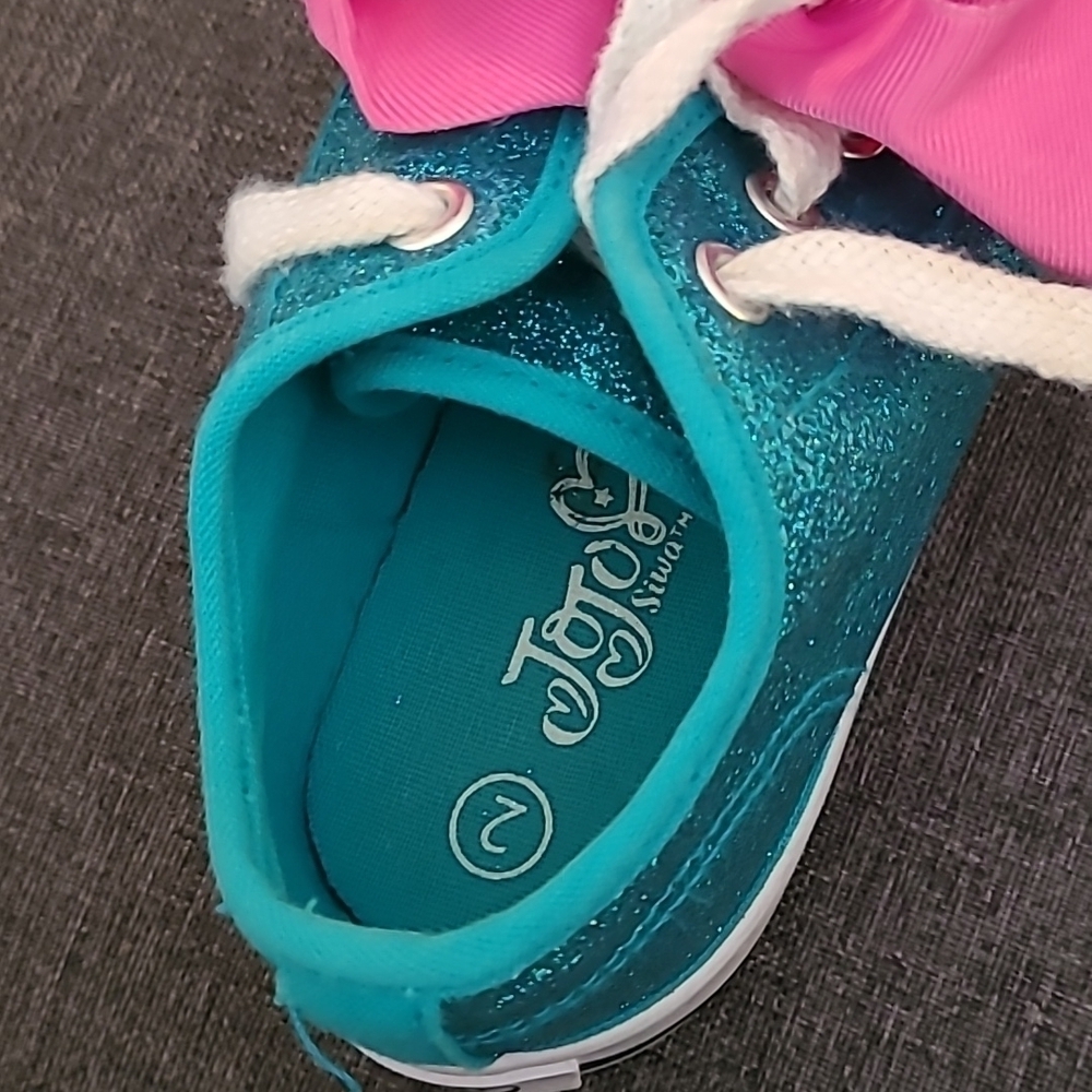 JoJo Siwa turquoise glitter shoes with pink bow sz 2 - Picture 5 of 5